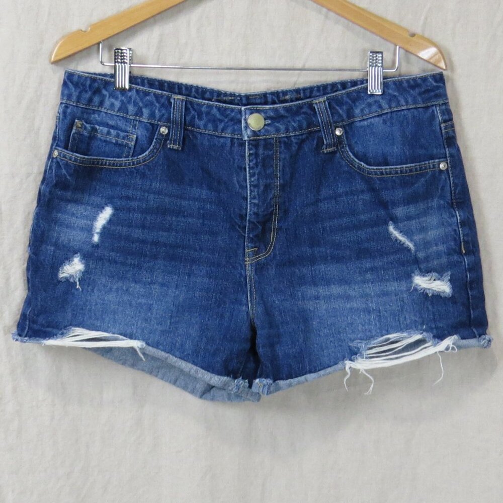 Seven7 SZ 12 Weekend Denim Jean Shorts Distressed Zip-Fly Frayed Whiskered Blue